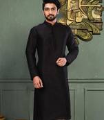 Black dupion art silk  kurta with machine dk work in collar and button line