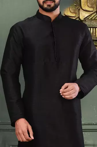 Black dupion art silk  kurta with machine dk work in collar and button line