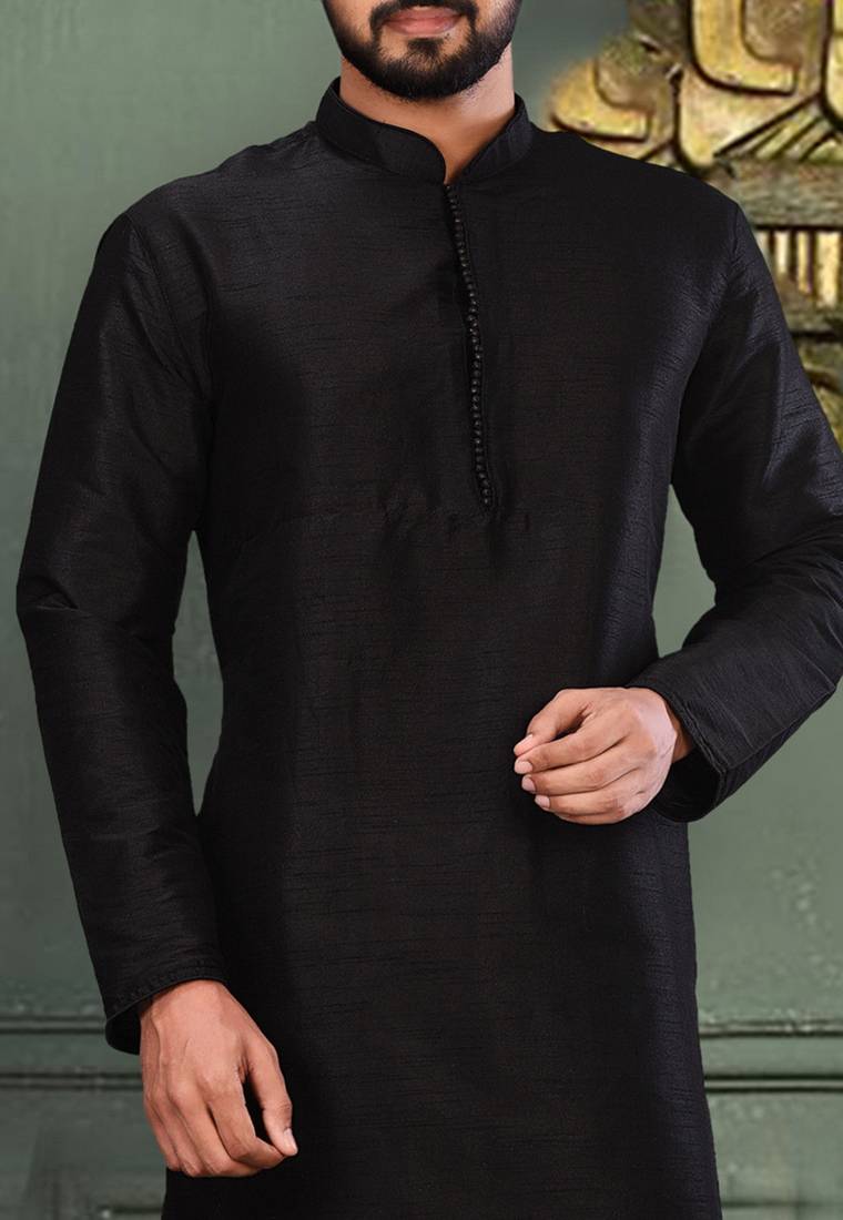 Black dupion art silk  kurta with machine dk work in collar and button line