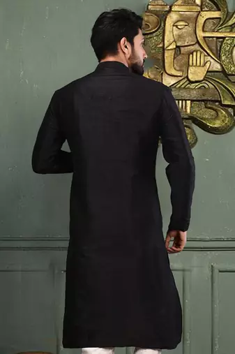 Black dupion art silk  kurta with machine dk work in collar and button line