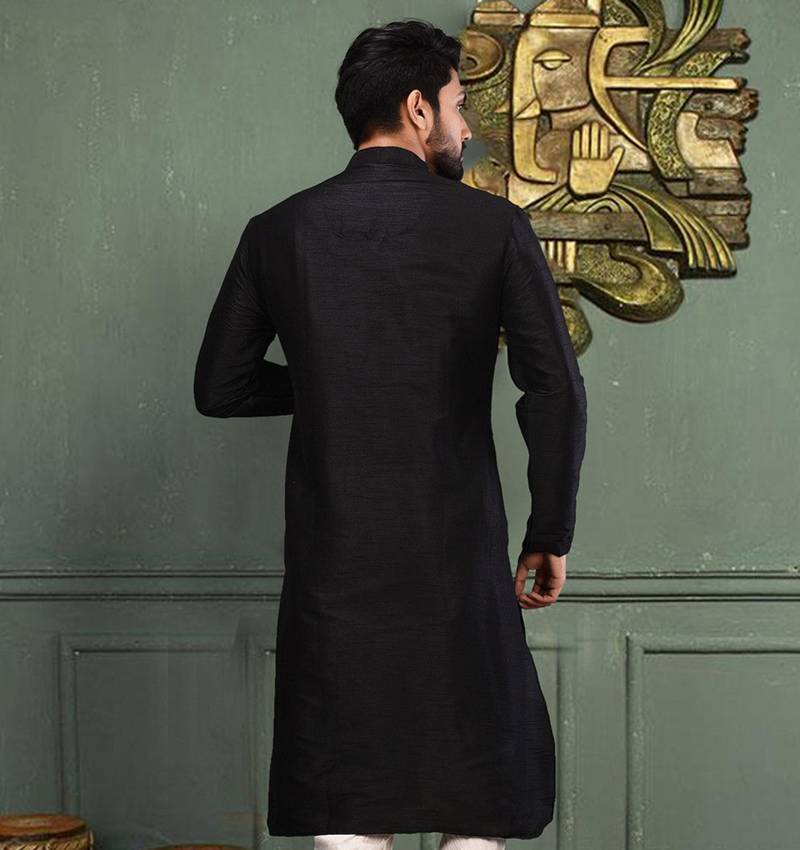 Black dupion art silk  kurta with machine dk work in collar and button line