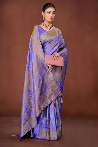 Lavender Banarasi Satin Silk Saree with Rich Gold Zari Paisley Weaving and Traditional Pallu