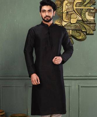 Black dupion art silk  kurta with machine dk work in collar and button line 1
