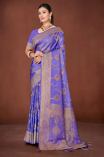 Lavender Banarasi Satin Silk Saree with Rich Gold Zari Paisley Weaving and Traditional Pallu