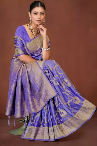 Lavender Banarasi Satin Silk Saree with Rich Gold Zari Paisley Weaving and Traditional Pallu