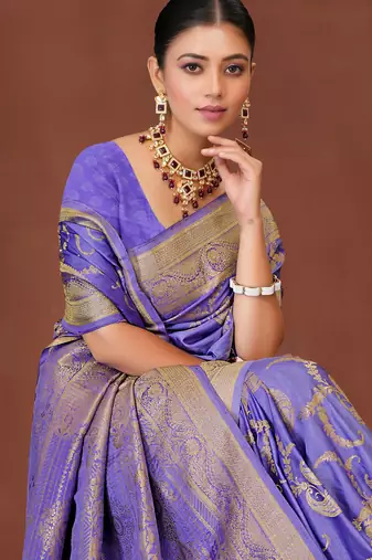 Lavender Banarasi Satin Silk Saree with Rich Gold Zari Paisley Weaving and Traditional Pallu