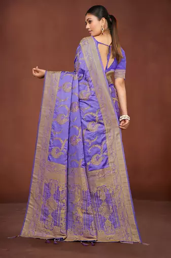 Lavender Banarasi Satin Silk Saree with Rich Gold Zari Paisley Weaving and Traditional Pallu