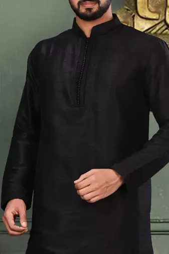 Black dupion art silk  kurta with machine dk work in collar and button line