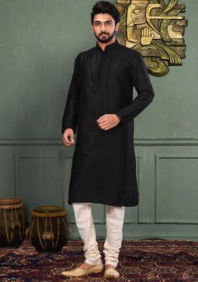 Black dupion art silk  kurta with machine dk work in collar and button line 4