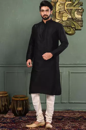 Black dupion art silk  kurta with machine dk work in collar and button line