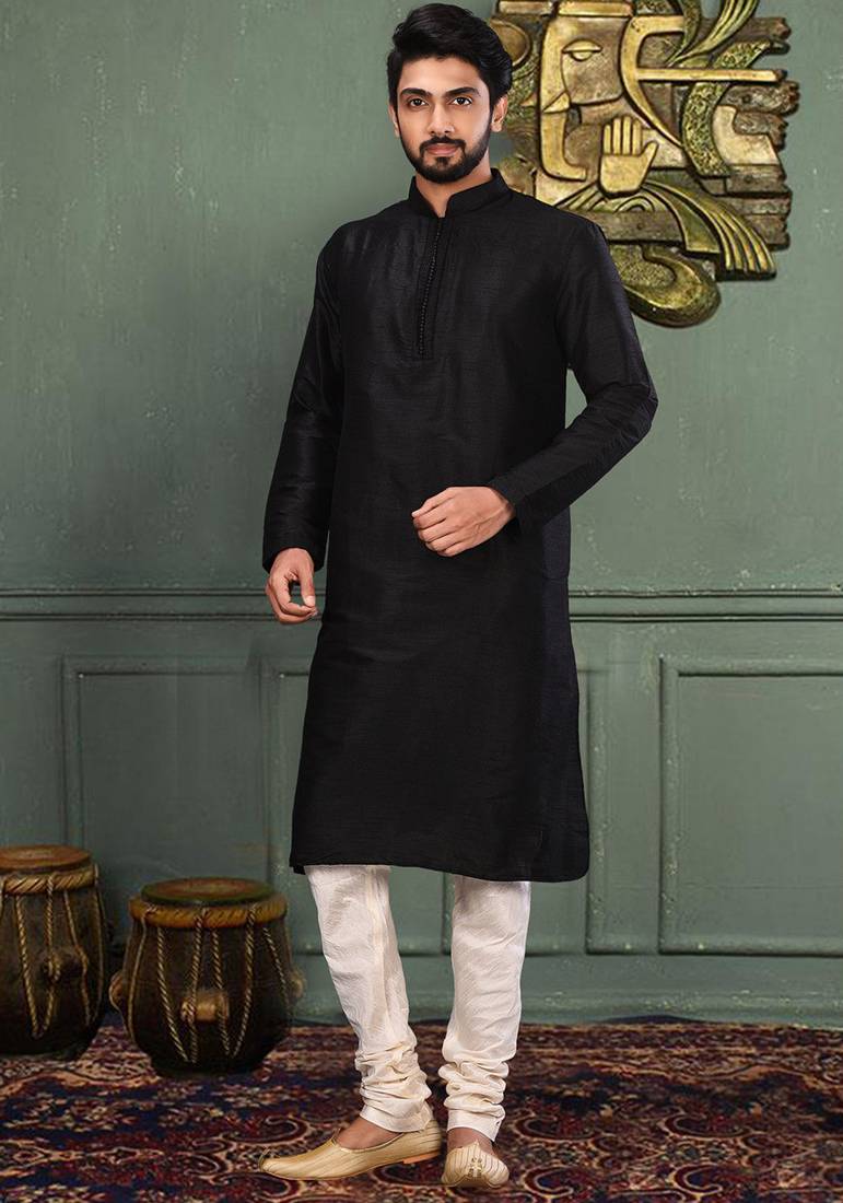 Black dupion art silk  kurta with machine dk work in collar and button line