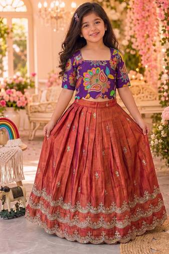 Kids girls festive wear position embroidered work lehenga choli set
