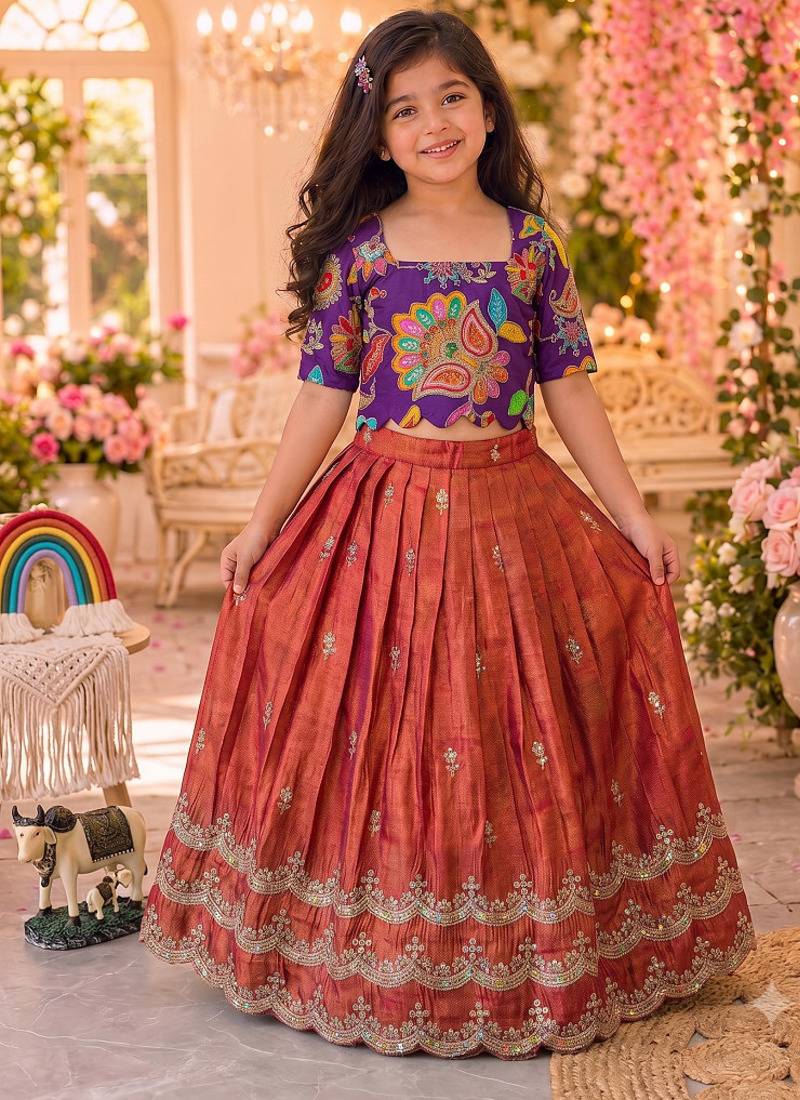 Kids girls festive wear position embroidered work lehenga choli set
