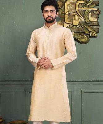 Fawn dupion art silk  kurta with machine dk work in collar and button line 1