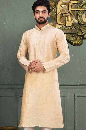 Fawn dupion art silk  kurta with machine dk work in collar and button line