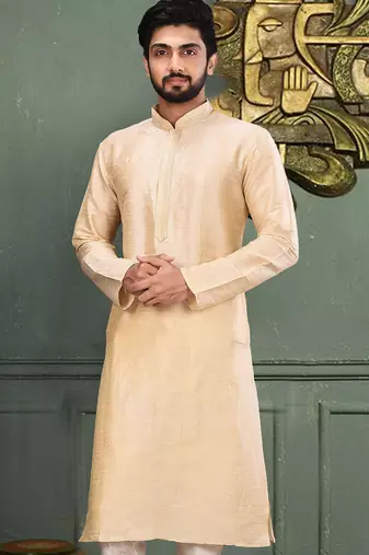 Fawn dupion art silk  kurta with machine dk work in collar and button line