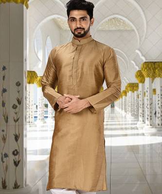 Gold dupion art silk  kurta with machine dk work in collar and button line 1