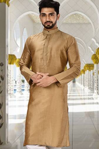 Gold dupion art silk  kurta with machine dk work in collar and button line