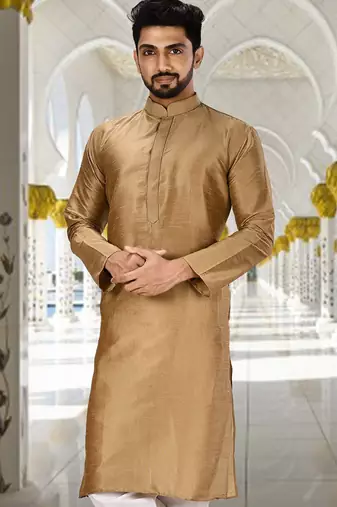 Gold dupion art silk  kurta with machine dk work in collar and button line
