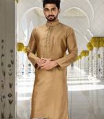 Gold dupion art silk  kurta with machine dk work in collar and button line