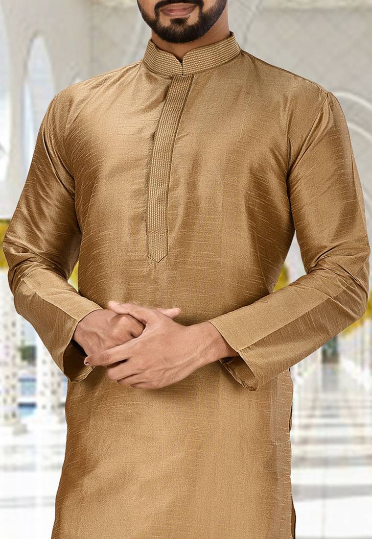 Gold dupion art silk  kurta with machine dk work in collar and button line