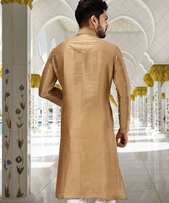 Gold dupion art silk  kurta with machine dk work in collar and button line 3