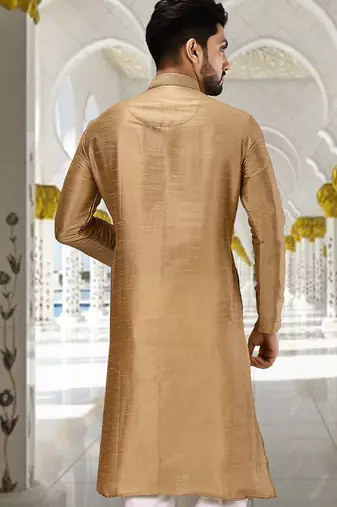 Gold dupion art silk  kurta with machine dk work in collar and button line