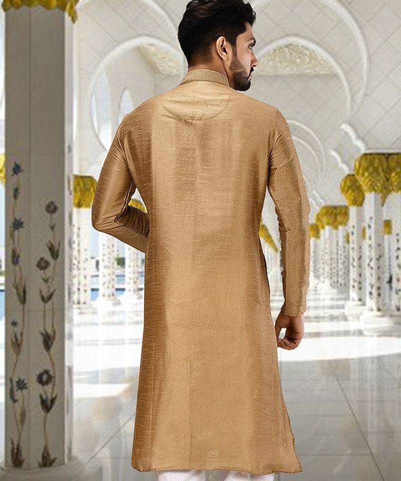 Gold dupion art silk  kurta with machine dk work in collar and button line