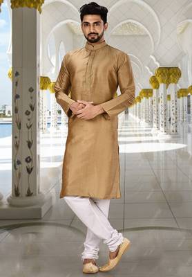 Gold dupion art silk  kurta with machine dk work in collar and button line 4