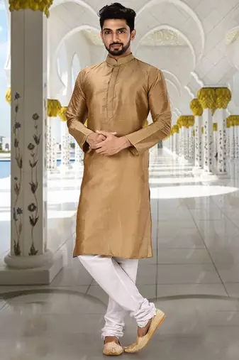 Gold dupion art silk  kurta with machine dk work in collar and button line