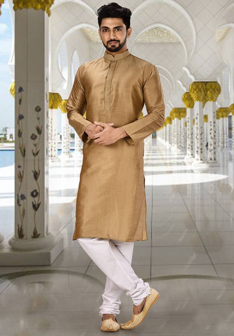 Gold dupion art silk  kurta with machine dk work in collar and button line