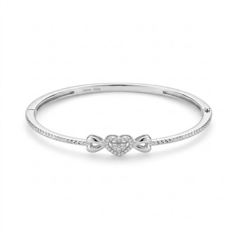 925 Sterling Silver Heart Bangle Bracelet for Women with Cubic Zirconia
