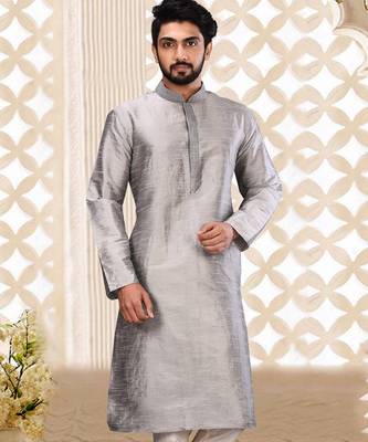 Grey dupion art silk  kurta with machine dk work in collar and button line 1