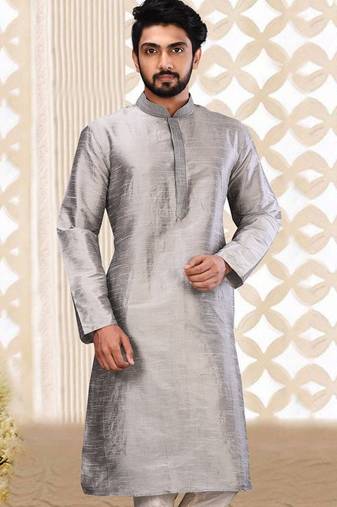 Grey dupion art silk  kurta with machine dk work in collar and button line