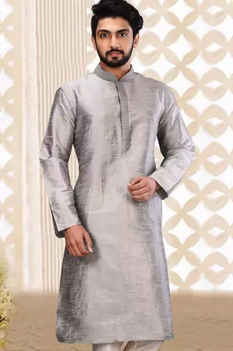 Grey dupion art silk  kurta with machine dk work in collar and button line