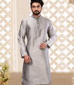 Grey dupion art silk  kurta with machine dk work in collar and button line