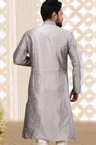Grey dupion art silk  kurta with machine dk work in collar and button line