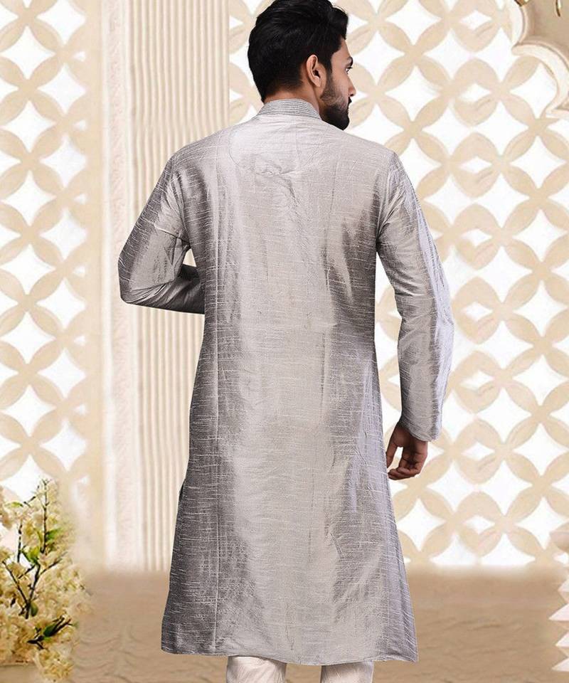 Grey dupion art silk  kurta with machine dk work in collar and button line
