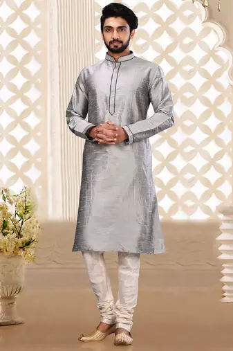 Grey dupion art silk  kurta with machine dk work in collar and button line