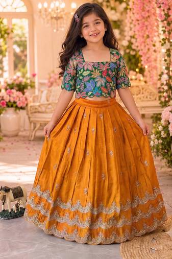 Kids girls festive wear position embroidered work lehenga choli set