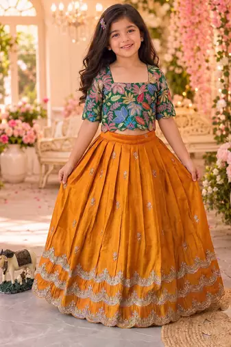 Kids girls festive wear position embroidered work lehenga choli set