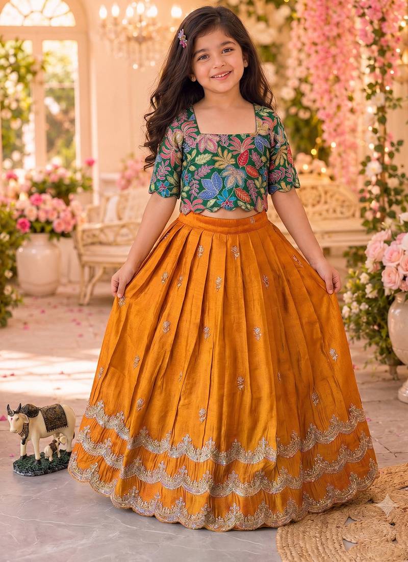 Kids girls festive wear position embroidered work lehenga choli set