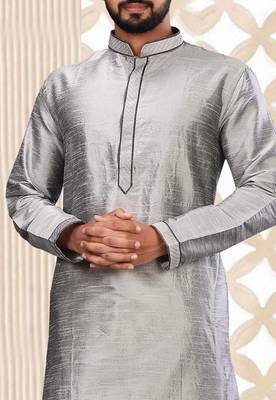 Grey dupion art silk  kurta with machine dk work in collar and button line 1
