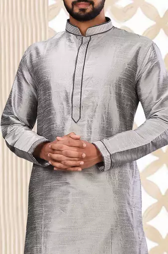 Grey dupion art silk  kurta with machine dk work in collar and button line
