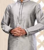 Grey dupion art silk  kurta with machine dk work in collar and button line