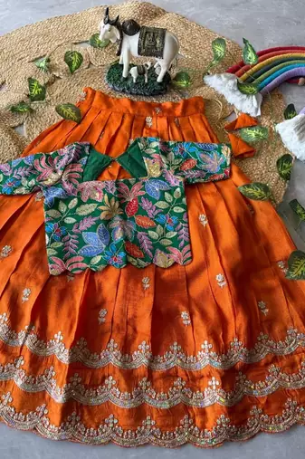 Kids girls festive wear position embroidered work lehenga choli set