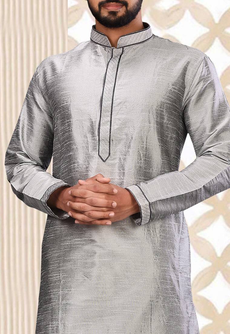 Grey dupion art silk  kurta with machine dk work in collar and button line
