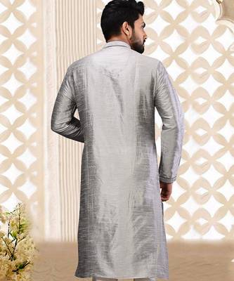 Grey dupion art silk  kurta with machine dk work in collar and button line 3