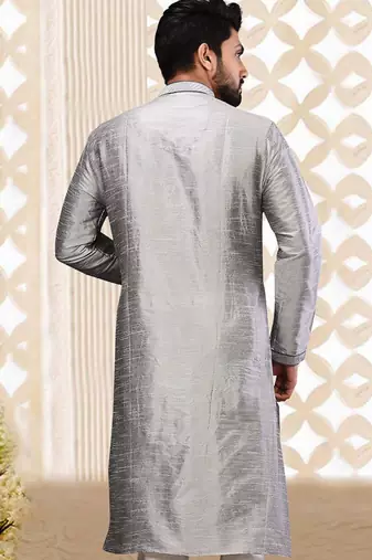 Grey dupion art silk  kurta with machine dk work in collar and button line
