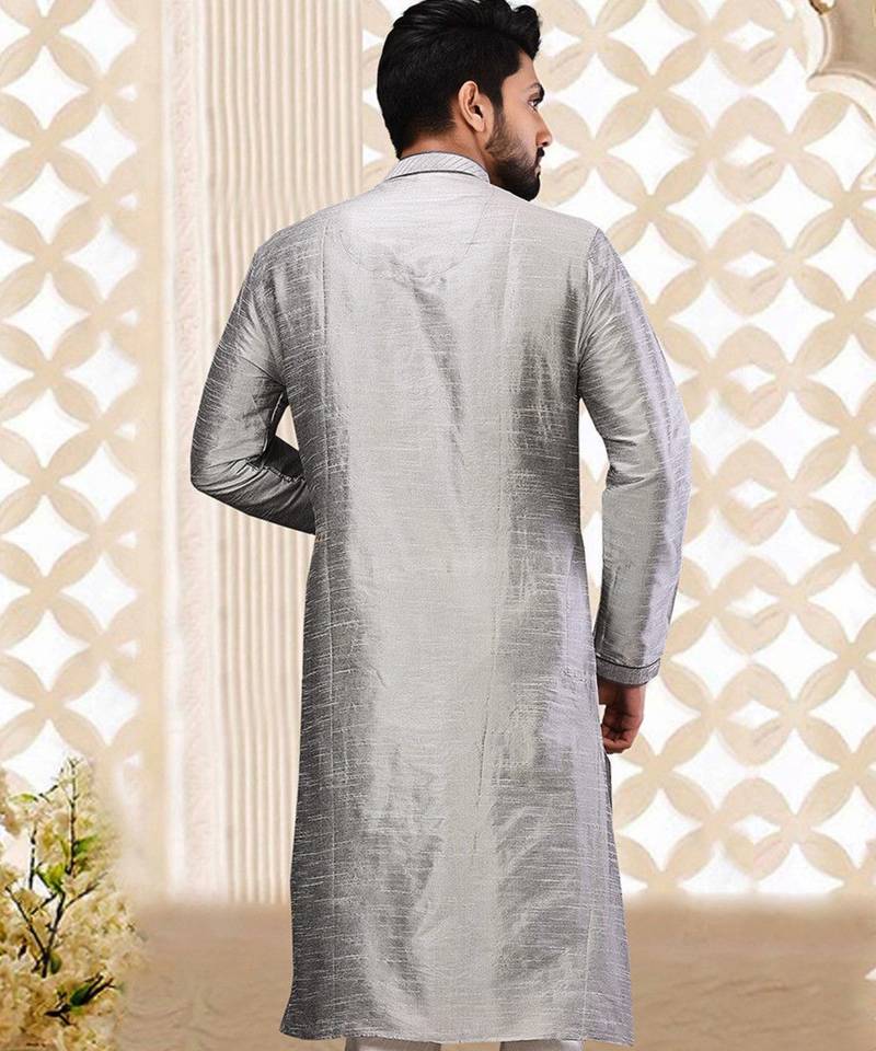 Grey dupion art silk  kurta with machine dk work in collar and button line